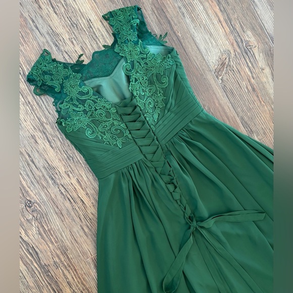 Emerald Green Lace Formal Bridesmaid Prom Dress Sz 9 Hi-Low Corset Built-in Bra - Picture 13 of 16